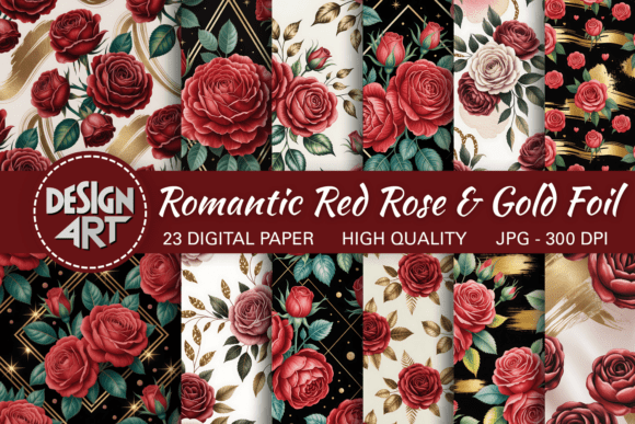 Download Romantic Red Rose &amp; Gold Foil Pattern - Old Collection