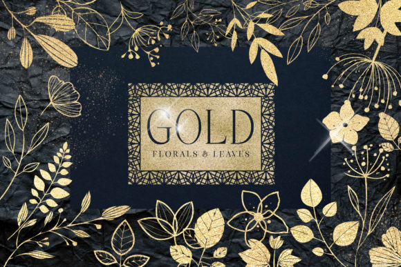 Download Gold Foil Textured Leaves Flowers PNG - Old Collection