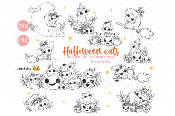 Download Cute Halloween Magic Cat Witch Outline - Magic Collection